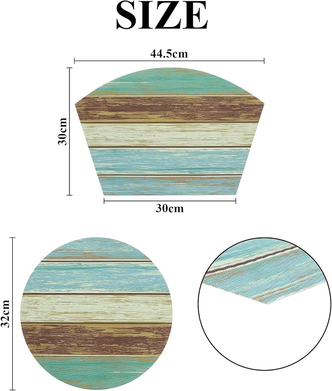 SHACOS Small Round Table Placemats Set of 5 Woven Vinyl Wedge Placemats with Centerpiece Round Table Mats Wipe Clean, Teal Brown Stripe Wood Board