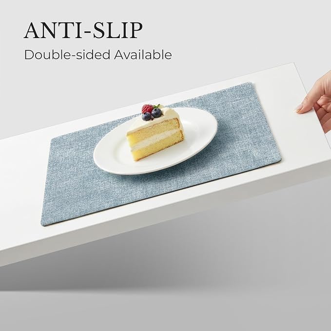 Romanstile Vinyl Placemats Set of 6, Reversible Faux Leather Heat Resistant Wipeable Table Mats, Waterproof Washable Non-Slip Table Placemats for Dining/Kitchen/Outdoor (Grey Sky Blue, 12" x 17")
