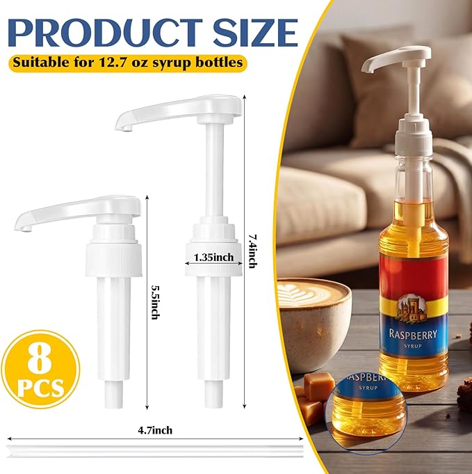 Zopeal 8 Pieces Coffee Syrup Pump Dispenser Fits 375ml/12.7oz Bottles, Syrup Pump for Coffee Flavoring, Creamers, Caramel, Beverages, Kitchen Cafe Bar Drinking Mixes Food Dispenser(White)