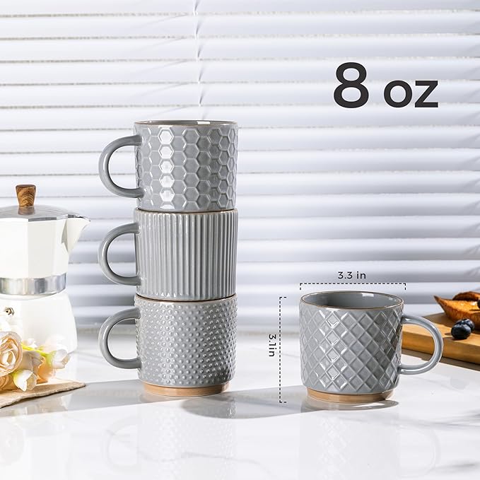 GBhome 8OZ Stackable Coffee Mugs Set of 4, Ceramic Coffee Mugs with Texture Patterns for Man,Woman,Dad,Mom, Modern Coffee Cups for Latte/Cappuccino/Cocoa. Dishwasher&Microwave Safe, Gray
