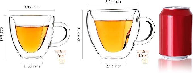 CNGLASS Double Wall Heart Shaped Glass Coffee Mugs 8.5oz,Insulated Clear Tea Cups with Handle,Unique Glass Espresso Mugs for Coffee,Cappuccino,Latte,Milk,Set of 2