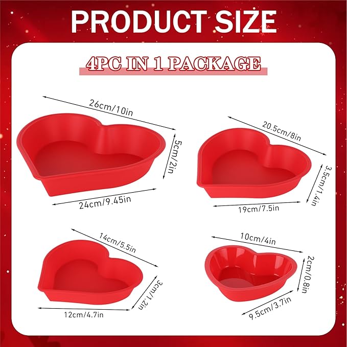 4 Pcs Heart Cake Pan Silicone Heart Cake Molds Baking Pan Nonstick Molds for Anniversary Birthday Snack Cupcake Baking (4 Inch,5.5 Inch,7.9 Inch,10.2 Inch)
