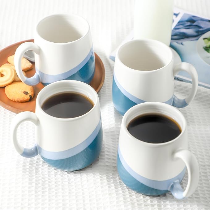 Coffee Mugs Set of 4,Ceramic 15 OZ Coffee Cups with Big Handle,Large Tea Cups for Hot Beverages,Yogurt, Cappuccino,Latte,Gift for Mom and Dad,Dishwasher Safe&Microwave Safe,White & Blue