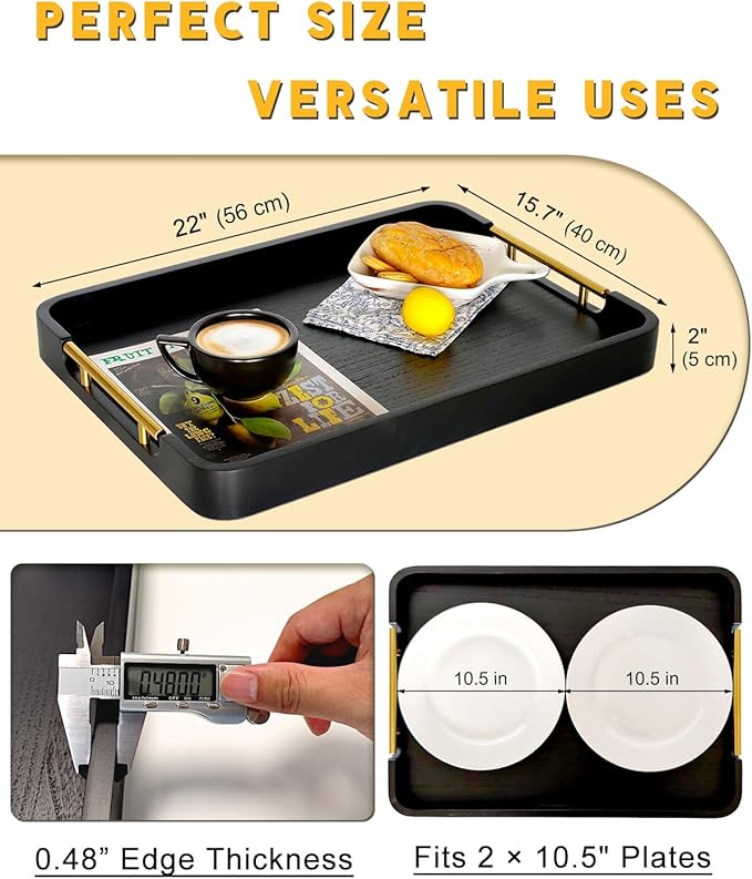 22" x 15.75" Black Wooden Serving Tray with Gold Metal Handles & Rounded Corners, Large Rectangular Wood Ottoman Tray for Living Room, Coffee Station