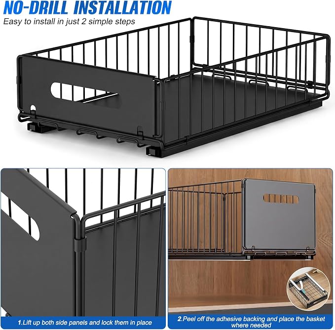 2 Pack Pull Out Cabinet Organizer, 15"" Depth Slide Out Drawer with Nano Adhesive (No Drilling), Heavy Duty Tall Wire Basket for Kitchen, Under Sink, Bathroom, 9.44"" W x 7.08"" H, Black