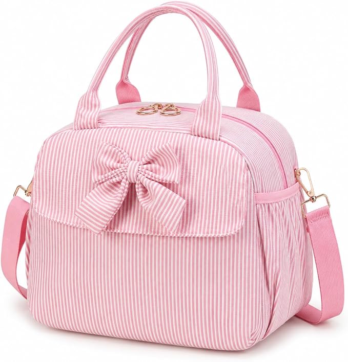LEDAOU Lunch Box for Women, Insulated Lunch Bag for Women, Cute Small Pink Lunch Tote Bag for Work with Bow, Lunch Purse with Shoulder Strap, Reusable Lunchbox for Office, Teacher, Nurse
