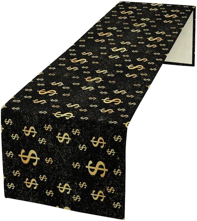 Funny Dollar Table Runner, Cartoon Gold Abstract Art Dollar Bill Symbol Plant Moon Owl Plant Table Decor Table Top Dining Kitchen Wedding Party 13x108 Inch