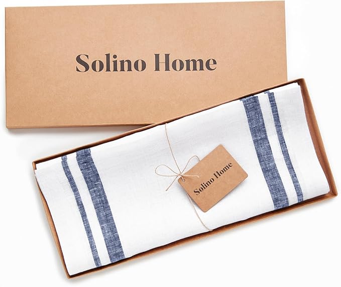 Solino Home Striped Linen Table Runner 36 Inches - 100% Pure Linen Navy and White French Stripe Small Table Runner 14 x 36 Inch Ideal for Dresser and Coffee Tables - Spring, Summer, 4th of July