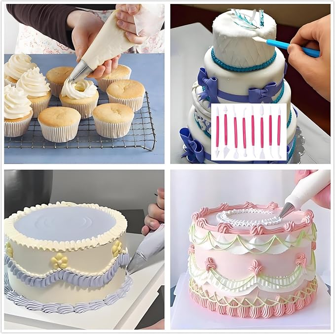 Cake Decorating Kit, 390 Pcs Baking Supplies Tools with Cake Turntable, Leveler, 55 Numbered Icing+Skirt Tips, 2 Spatulas, 3 Scrapers, 100 Pastry Bags,150 Cupcake Liners & More, (Pink)