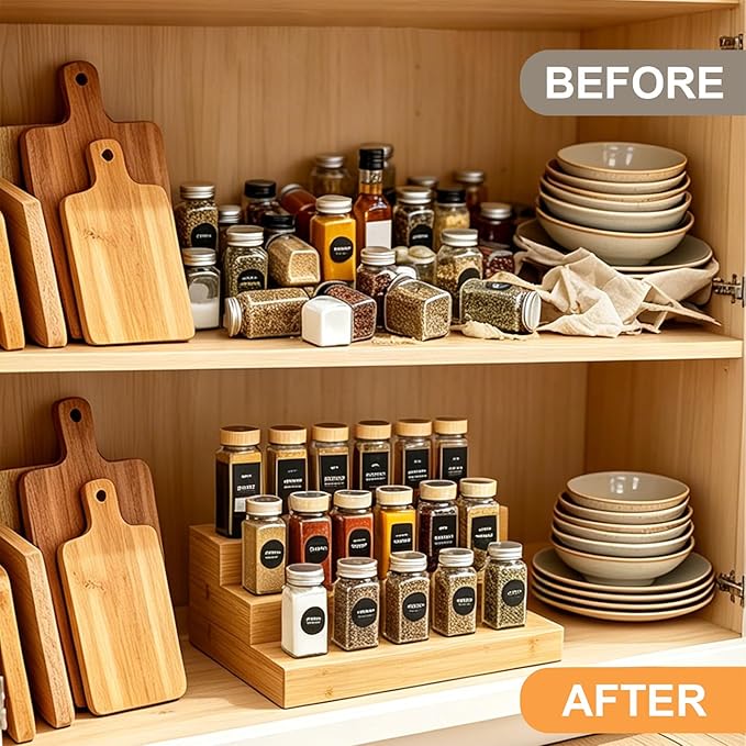 3 Tier Bamboo Spice Rack Organizer, Wooden Seasoning Organizer Shelf, 3 Tier Countertop Step Shelf for Kitchen Cabinet, Pantry, Countertop Organization, Desktop Display Shelf (2 Pack)