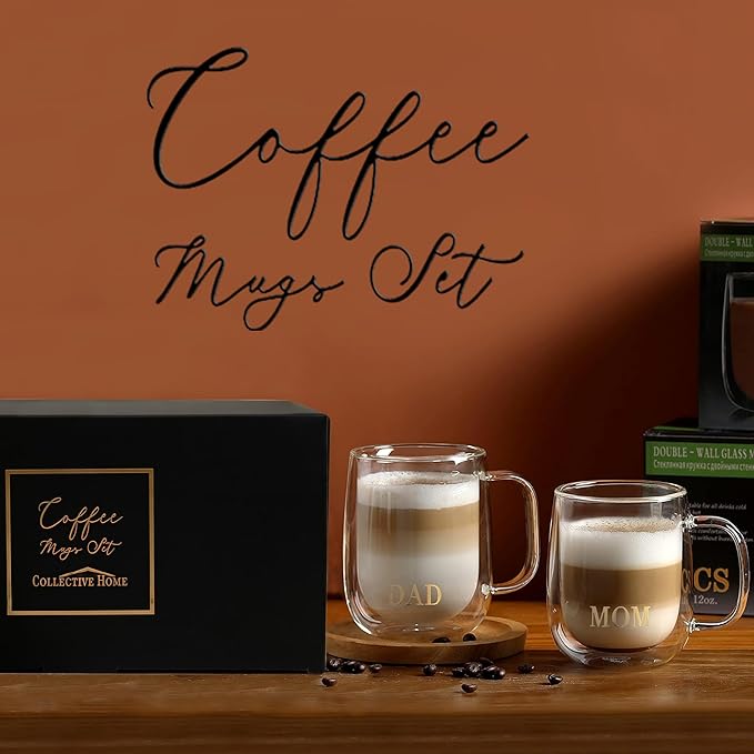 COLLECTIVE HOME - Double Walled Glass Coffee Mugs, Insulated Coffee Mug with Handle, Wedding gifts, 14oz Couple Mug Sets (Mom & Dad)