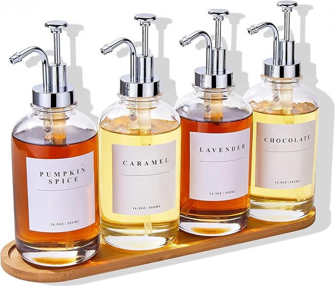 Coffee Syrup Dispenser for Coffee Bar, Coffee Syrup Pump Dispenser, Glass Syrup Bottle with Silver Upgraded Pump, 4 Pack 16.9 oz 500 ml Syrup Dispensers, 28 Labels and Large Bamboo Tray
