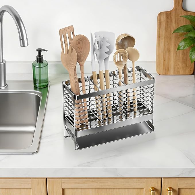 Utensil Holder, Upgrade Stainless Steel Utensil Drying Rack with Automatic Drain Tray for Kitchen Counter, Silverware Cutlery Organizer for Spoons, Forks, Knifes, Chopsticks (Silver)