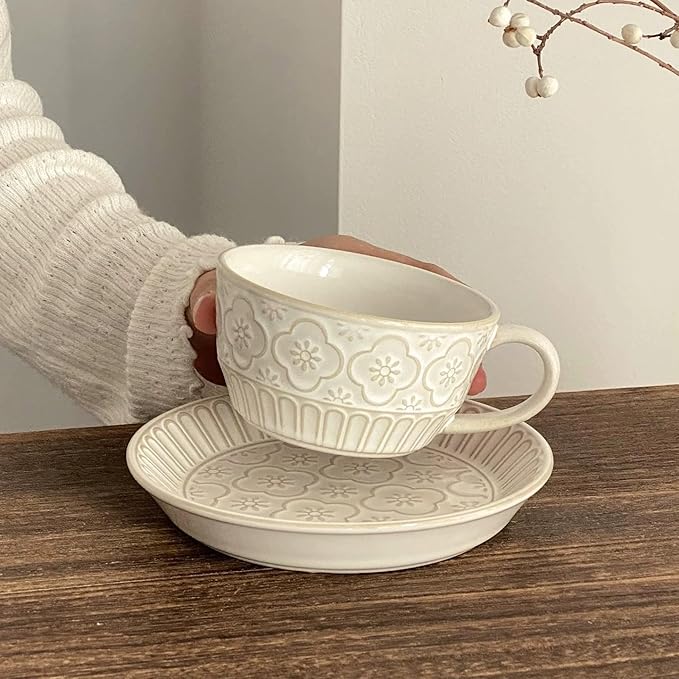 LOWYEPAULHO Cappuccino Cups with Saucers, 5''Ceramic Coffee Cup and Saucer set for Au Lait, Double shot, Latte, Cafe Mocha,Set of 4