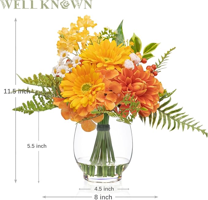 Artificial Flowers in Vase with Fake Water, Faux Silk Dahlia & Gerbera Daisy Flower Arrangements for Spring & Summer Home Wedding Birthday Wedding Party Dining Table Decor & Gift (Yellow & Orange)
