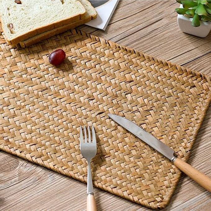 Natural Woven Rattan Rectangular Placemats Seagrass Place Mats for Dining Table, 18x12inches Set of 4