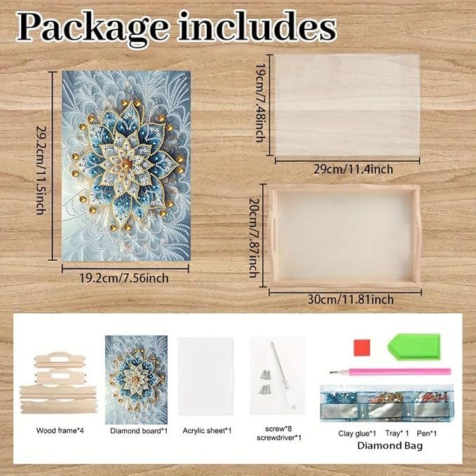 DIY Diamond Serving Tray Rectangular Breakfast Tray with Handle Handmade Diamond Art Painting Wooden Tray for Dinner Plate Coffee Room Living Home Organizer-Mandala
