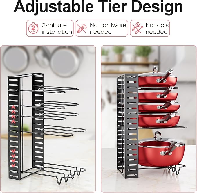 MUDEELA 8-Tier Pots and Pans Organizer under Cabinet, 16.61" Height Light Duty Pot and Pan Organizer Kitchen Cabinet Organization and Storage, Adjustable Pot Rack with 3 DIY Methods for Lids, Bakeware