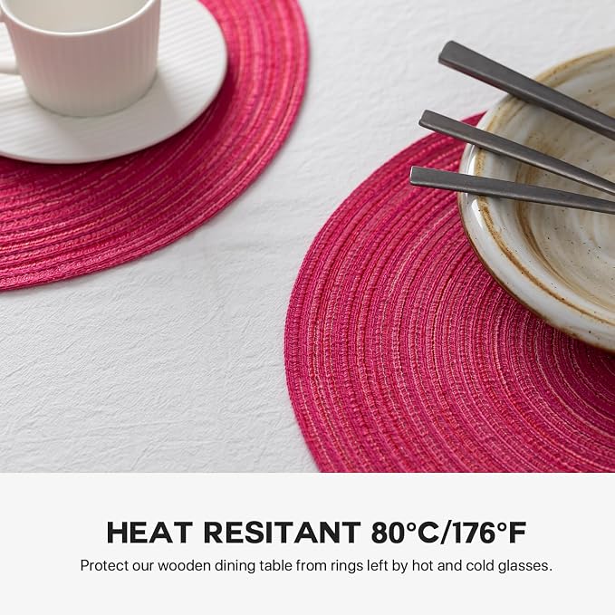 Round Placemats Set of 6 Woven Placemats Washable Braided Table Mats for Dining Table Heat Resistant Non-Slip Circle Place Mats(Pink)