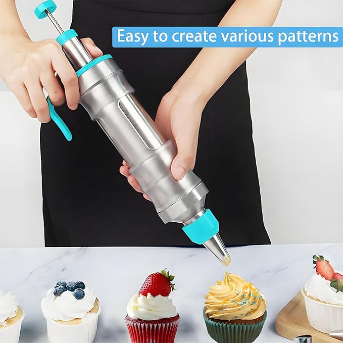 Dessert Decorating Syringe Set, Icing Piping Kit Stainless Steels Cake Decorating Tools 30 Piping Icing Nozzles Cupcake Decorating Kit - Blue