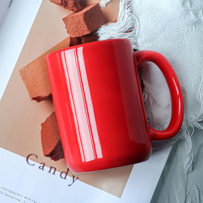 16 OZ Porcelain Coffee Mugs, Classic Blank Ceramic Cup with Large Handle for Tea Latte Cappuccino, Set of 4, Red