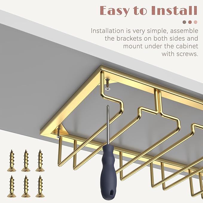 Xverycan Wine Glass Rack Under Cabinet, 10 Row Extreme Large Stemware Hanger, Metal Wine Goblet Holder, DIY Bar Glass Storage Rack for Bar Counter, Kitchen, Screws Included (Gold)