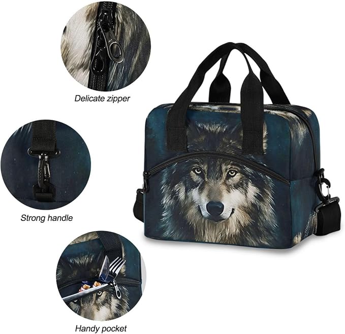 Wolf Lunch Box Wolves Galaxy Insulated Lunch Bag Animal Head Lunchbox Adult Women Cooler Bag Reusable Lunch Tote Bag Shoulder Bag for Work School Picnic