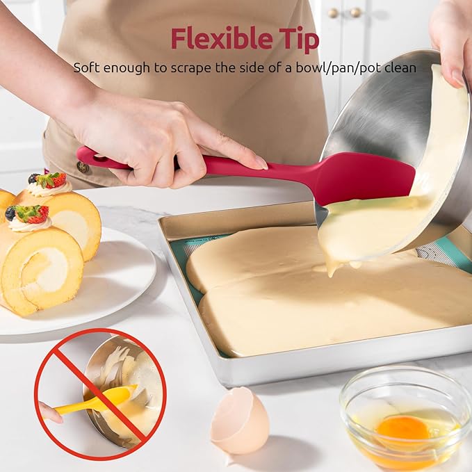 U-Taste Flat Spatula & Spoon Spatula: 11.38in 600ºF Heat Resistant Silicone Bowl Scraper, Flexible Rubber Kitchen Cooking Mixing Utensil with Upgraded Non-Stick Surface (Set of 2, Red)