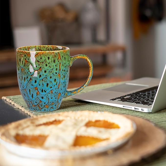 Durable 16 oz Ceramic Coffee Mug, Large Coffee Cup with Ergonomic Handle, Ideal Tea Mug for Home, Office, Gift, Dishwasher & Microwave Safe, Green & Blue (coffee, Tea, Hot Cocoa, Latte Cup)