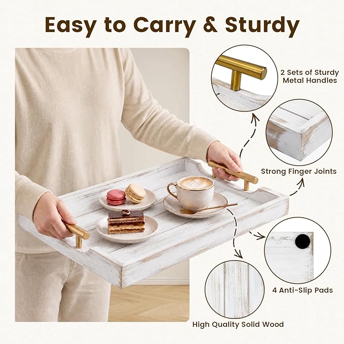 Wood Serving Tray with Metal Handles, 17x13in Large Wooden Tray for Ottoman, Coffee Table, Breakfast, Dinner & Bar, Decorative Tray for Living Room, Bedroom, Bathroom and Kitchen, Off-White