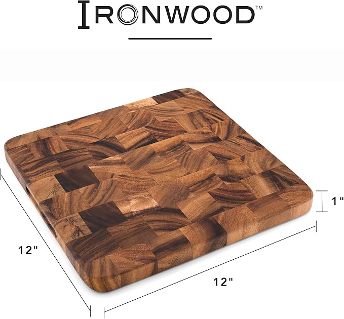 Ironwood Oslo End Grain Square Utility Cutting Board, 12 Inch Square Acacia Wood Cutting Board