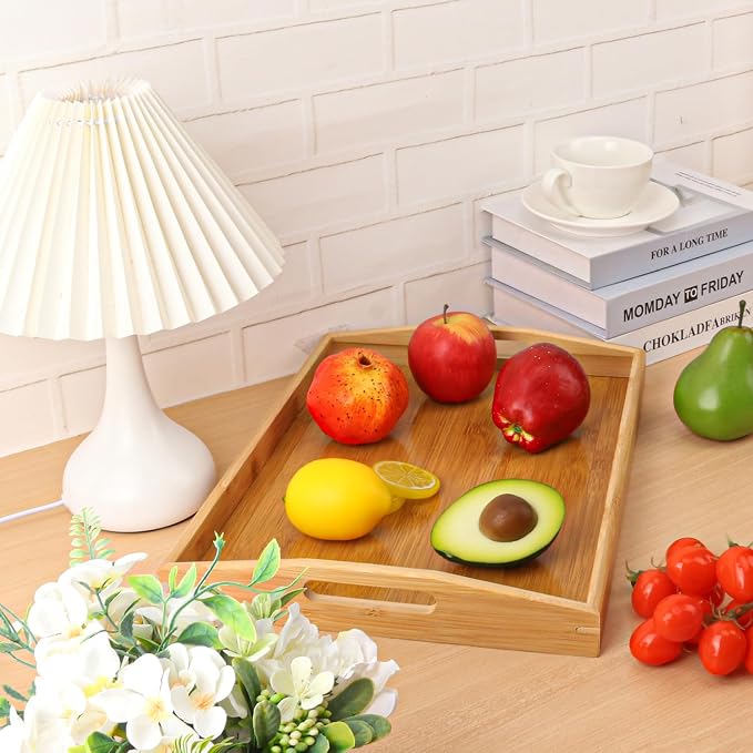 2 PCS Bamboo Serving Tray, Breakfast Bed Tray with Handle, 15.8 x 11.4 x 2 Inch Wood Serving Tray for Serving, Breakfast Bed Trays for Eating, Decor, Displaying Cake, Fruit
