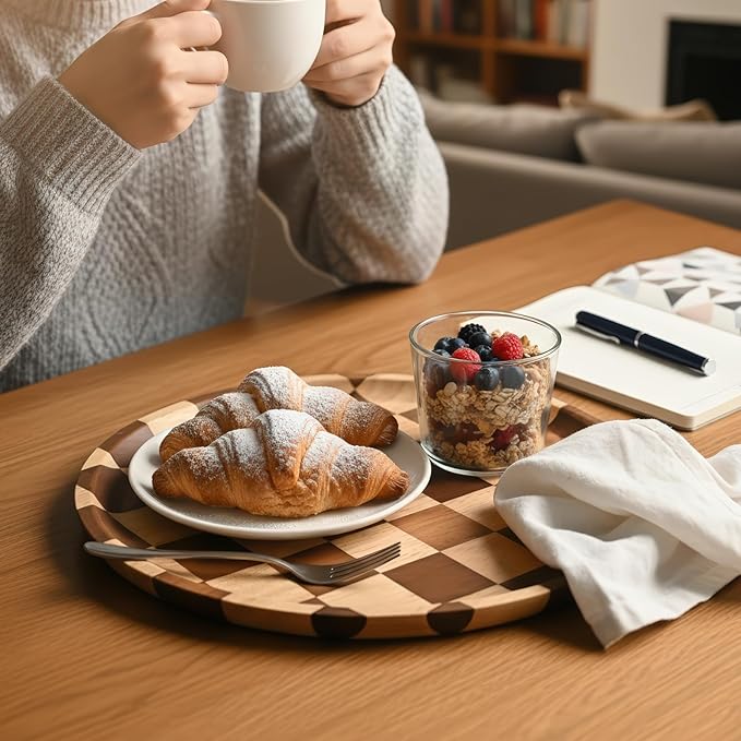 MSJGA 11 Inches Round Wooden Serving Trays Decorative Candle Plate Holder with Unique Checkered Design for Home Decor, Coffee Table, Dining Table, Kitchen Island
