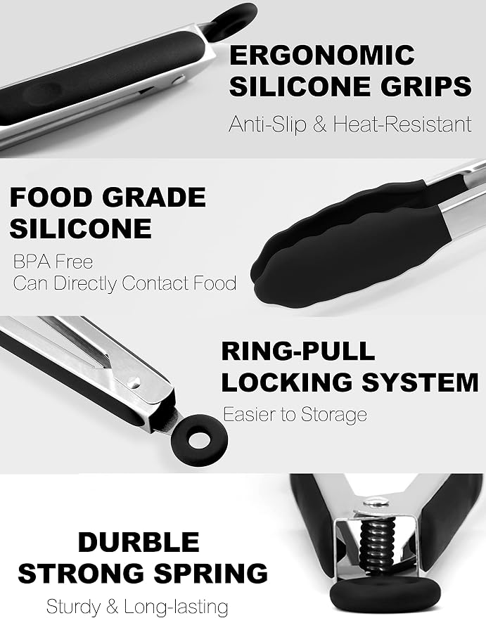 Anaeat Non-Stick Silicone Locking Tong - Stainless Steel 7" Mini Kitchen Food Tongs with Non-Slip Silicone Tips and Grip for Cooking, Baking and BBQ - Heat Resistant up to 480°F (Black)
