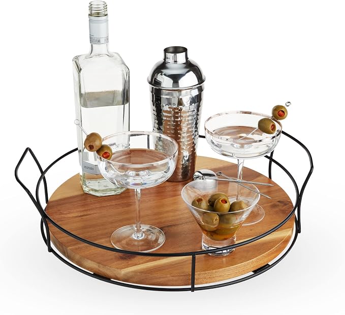 Twine Acacia Wood Cocktail Tray, Outdoor Entertaining, Easy Carry Handles, Removable Frame, Drink and Appetizer Tray, Set of 1