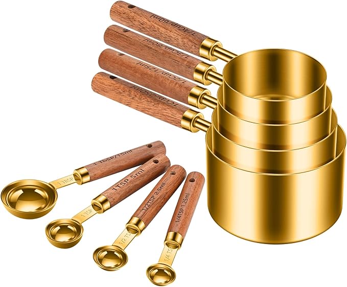 Wooden Handle Measuring Cups & Spoons Set 8-Piece – Stainless Steel, Stackable, Rustic Farmhouse Kitchen Gadgets, Non-Toxic, Dishwasher Safe, Gift for Bakers & New Homeowners