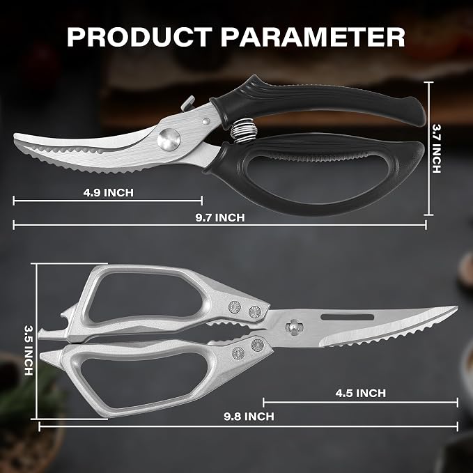 2PCS Kitchen Shears Set, Heavy Duty Poultry Shears with Spring Loaded, All Purpose Kitchen Scissors for Food Come Apart Culinary Chef Scissors for Cutting Chicken Meat Vegetable, Black & Silver