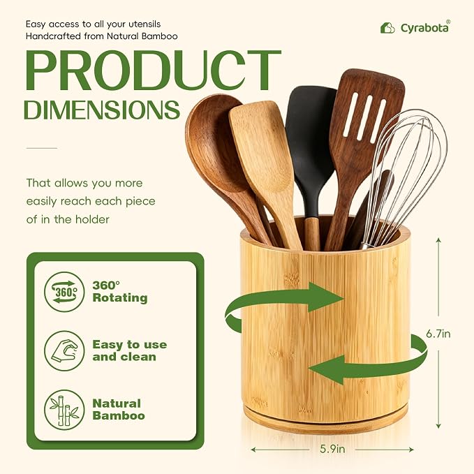 Bamboo Wood Utensil Holder 360°Rotating Anti-Tip Design for Kitchen Counter,Cooking Utensil Crock for Countertop , Large Utensil Organizer for Spatula (Bamboo)