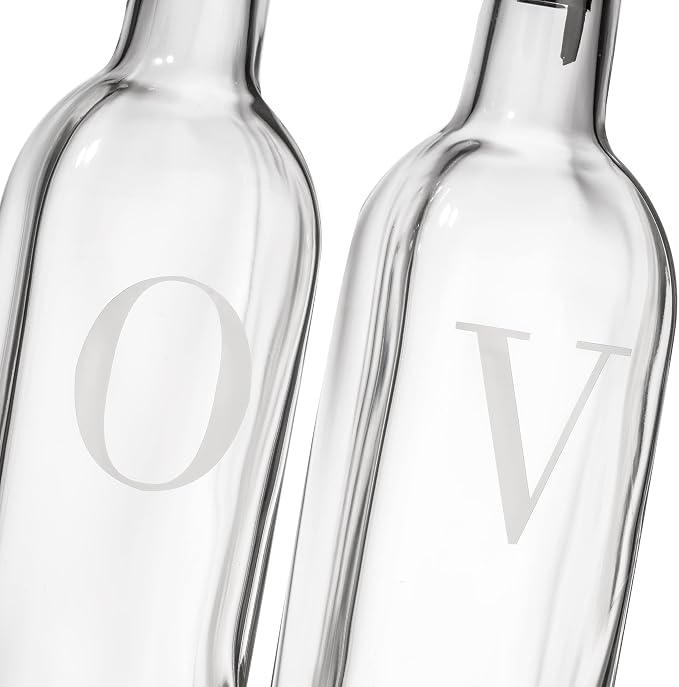 GREENOLIVE Olive Oil and Vinegar Dispenser Set - 17 oz. Glass Bottles with No-Drip BPA-Free Spouts - Stylish O and V Identifiers for Kitchen and Dining Use - Set of 2