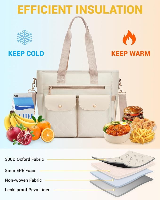 RalChyez Lunch Box for Women, Large Lunch Tote Leakproof Adult Lunch Bag Insulated Lunch Cooler Purse with Storage Pocket for Work Picnic Beach Trip Beige