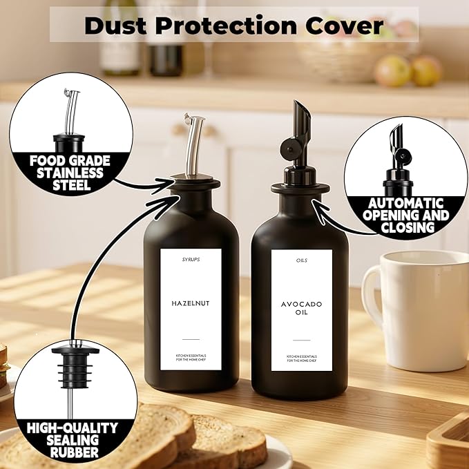 3PCS Olive Oil Dispenser Bottle For Kitchen, Soy Sauce Dispenser, Dark Glass Bottles for Oil and Vinegar Dispenser Set W. Wooden Tray & Labels & 3 Replacement Spouts, Coffee Syrup Dispenser(Black)