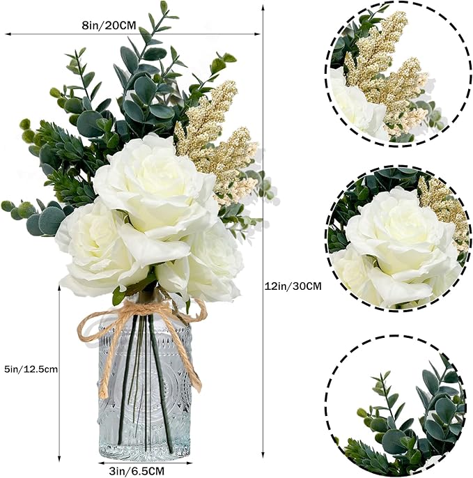 Faux Flowers with Vase, Artificial Roses in Vase, Fake Plant Eucalyptus Flower Arrangement for Home Office Farmhouse Dining Table Centerpiece Decorations Coffee Table Decor (White)