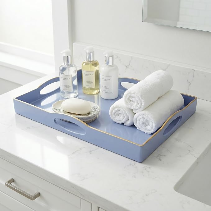 Blue Serving Tray with 4 Handles, Plastic Decorative Tray for Coffee Table, Ottoman - Ideal for Living Room & Bathroom. 15” x 11” x 1.9”