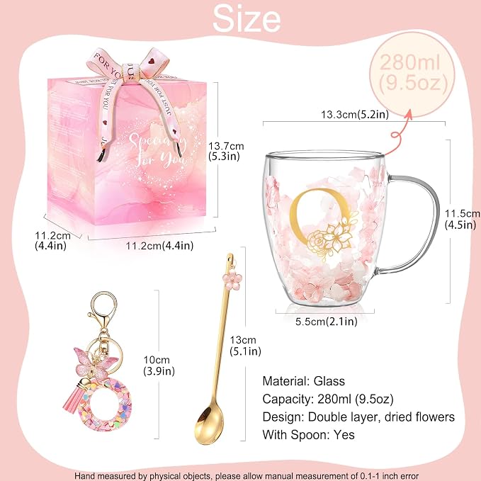 Personalized Gifts for Women Cute Monogrammed Double Wall Glass Coffee Mug Tea Cup with Spoon Customized Bridesmaid Bride Wedding Gifts Christmas Birthday Gifts for Mom Wife Friend Sister Coworker (O)