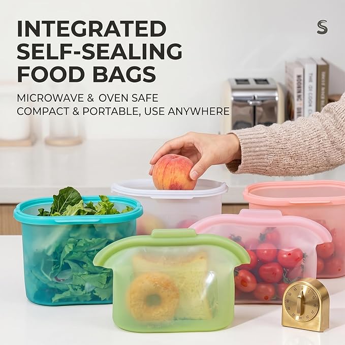 Silicone Storage, Everbag Silicone Food Storage Bags, Spliceable, wide opening, Reusable Silicone Storage Bags, High-Temperature Resistant, Leak-Proof, Microwave and Dishwasher Safe (pink)