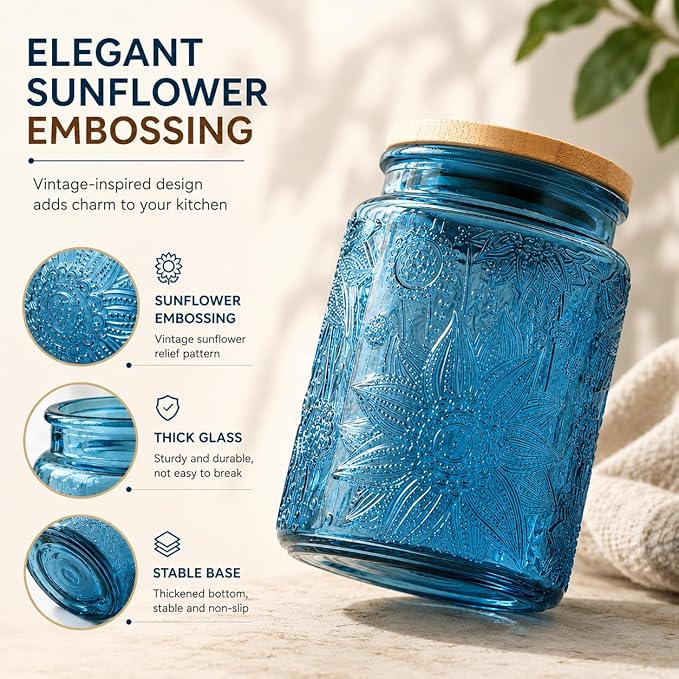 ANSQU Blue Glass Canister with Lid, 23.7 oz Vintage Embossed Glass Jar, Airtight Food Storage Container for Coffee Beans, Tea, Sugar, Candy, Cookies, Decorative Kitchen Pantry Organizer