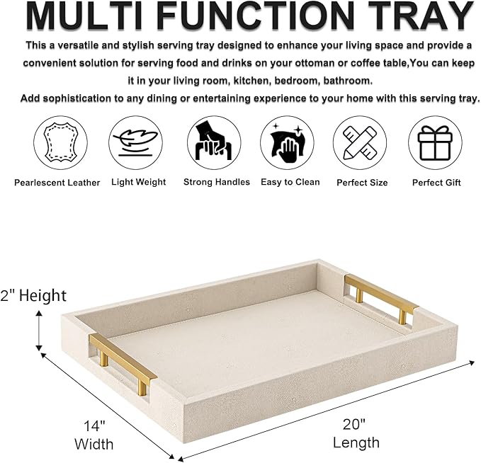 Beige Faux Leather Serving Tray with Handles – Large Decorative Tray for Coffee Table, Ottoman, Living Room, Bathroom – Home Decor