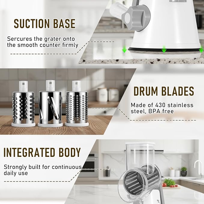 Rotary Cheese Grater Hand Crank Cheese Shredder, Kitchen Mandoline Vegetable Slicer for Fresh Cheese, Vegetable, Nuts, Non-slip Suction Base, 3 Blades