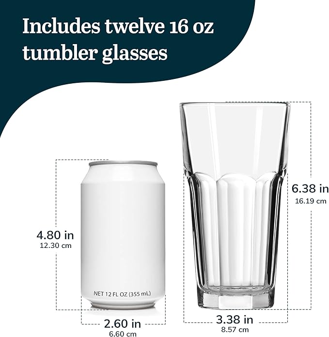 Libbey Gibraltar DuraTuff Thick Drinking Glasses Set of 12, 16 Oz Restaurant Style Drinking Glassware, Glass Cups Set for Family Gatherings, Parties