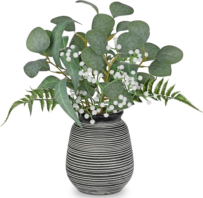 Briful Artificial Floral Arrangement Centerpiece with Eucalyptus & Mixed Greenery – 14.5” Pre-Arranged Faux Flowers in Textured Black & White Ceramic Vase for Table, Shelf & Entryway Décor